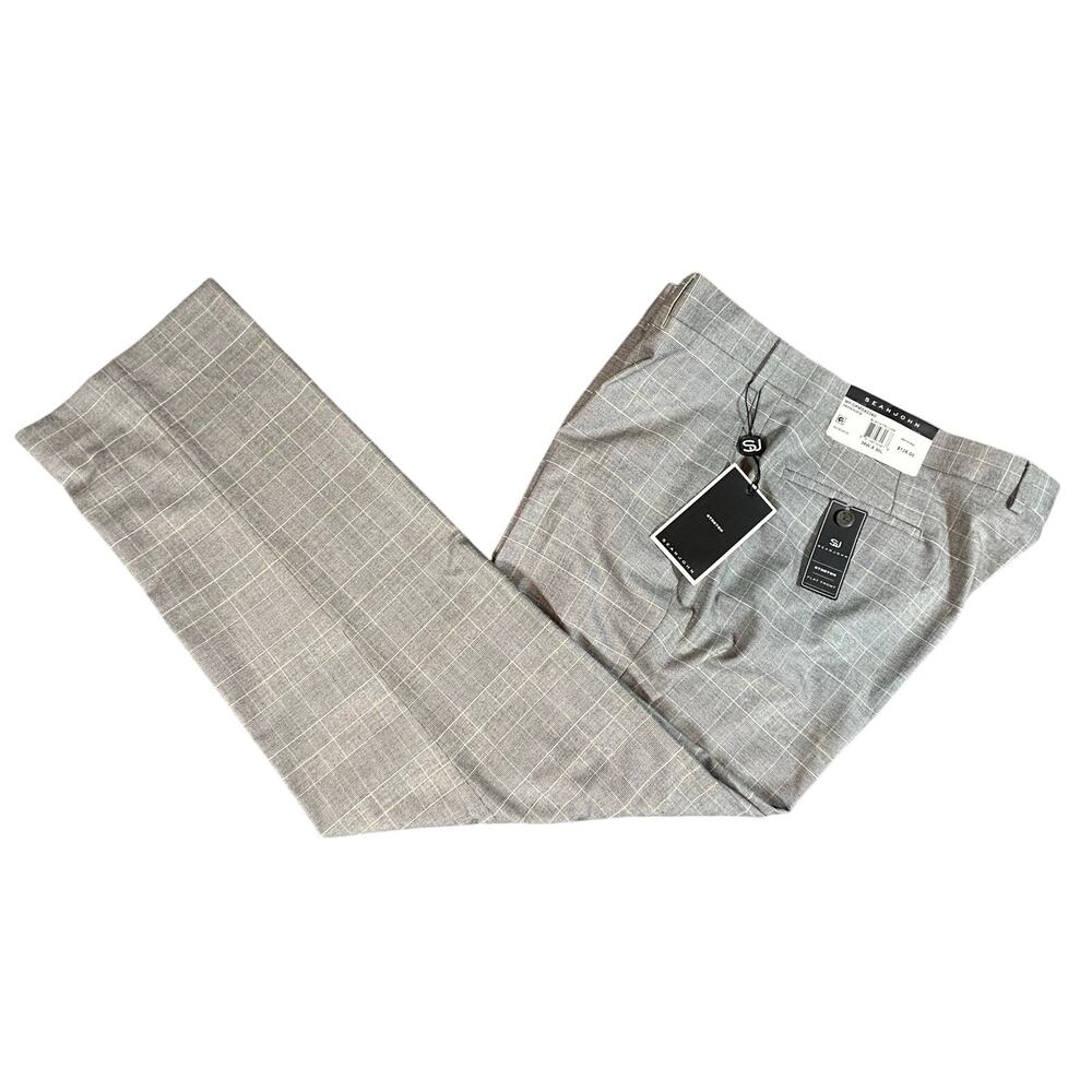 New Sean John Flat Front Stretch Pants Mens 38x30 Gray Yellow MSRP $135